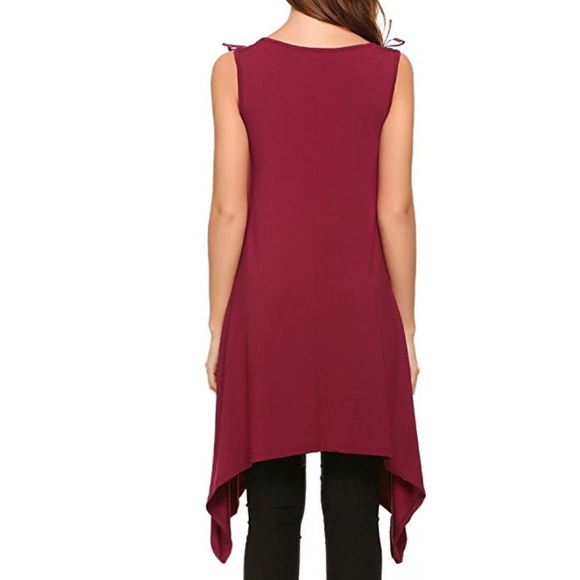 Red Wine Hi Low Shark Hem Flattering Tunic Top - Picture 3 of 4